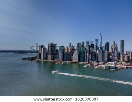 Beautiful aerial view of lower Manhattan cityscape across Hudson river New York City USA