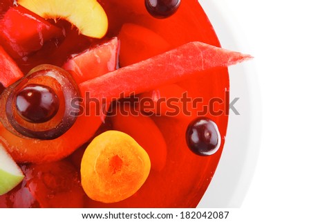 image of cold red jelly cake with cherry and watermelon