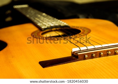 Acoustic guitar up close, a classic musical concept that can be played anywhere.