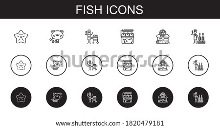 fish icons set. Collection of fish with starfish, cat, meat, pet shop, churrasco. Editable and scalable fish icons.