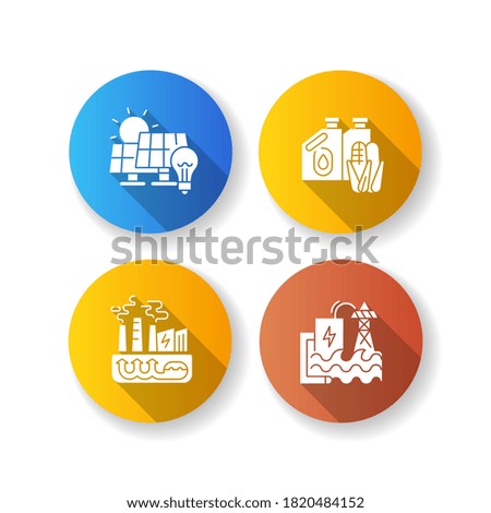 Alternative energy flat design long shadow glyph icons set. Solar panels, geothermal power plant, hydroelectric station and biofuel. Renewable energy. Silhouette RGB color illustrations