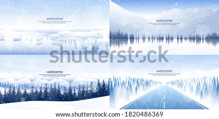 Vector illustration. Flat winter landscape. Simple snowy backgrounds. Snowdrifts.  Snowfall. Clear blue sky. Blizzard. Snowy weather. Winter season. Panoramic wallpapers. Set of backgrounds. Royalty-Free Stock Photo #1820486369