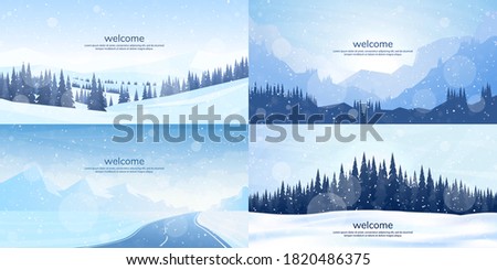 Vector illustration. Flat winter landscape. Simple snowy backgrounds. Snowdrifts.  Snowfall. Clear blue sky. Blizzard. Snowy weather. Winter season. Panoramic wallpapers. Set of backgrounds. Royalty-Free Stock Photo #1820486375