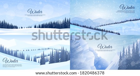 Vector illustration. Flat winter landscape. Simple snowy backgrounds. Snowdrifts.  Snowfall. Clear blue sky. Blizzard. Snowy weather. Winter season. Panoramic wallpapers. Set of backgrounds. Royalty-Free Stock Photo #1820486378