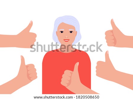 Happy beautiful senior woman collects like. Elderly woman surrounds hands showing thumbs up. Social approval, positive feedback, congratulate, respect, acceptance success concept. Vector illustration