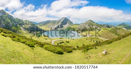 Landscape in the mountains of the National Park with the name Picos de Europa (in Spanish Parque Nacional de los Picos de Europa or Picos d’Europa) mountain lake called Lago de la Ercina Northern Spai