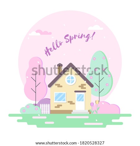 Hello spring. Picture of a house with trees and flowers, flat style illustration