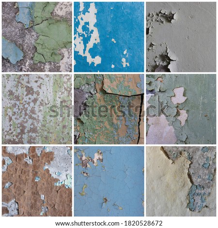 Set of peeling paint textures. Old concrete walls with cracked flaking paint. 