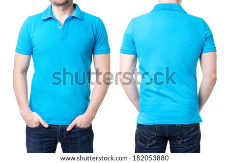 Blue polo shirt on a young man template on white background Royalty-Free Stock Photo #182053880