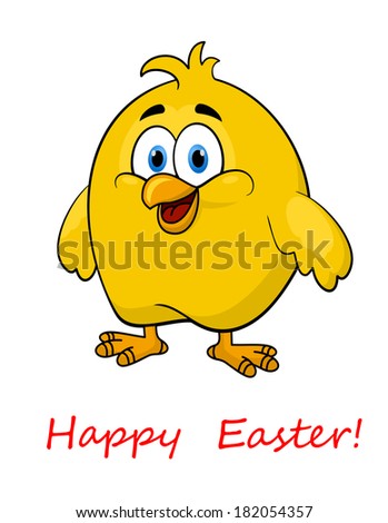 Happy cartoon Easter little yellow chicken with a tuft of feathers on its head and a happy expression, isolated on white