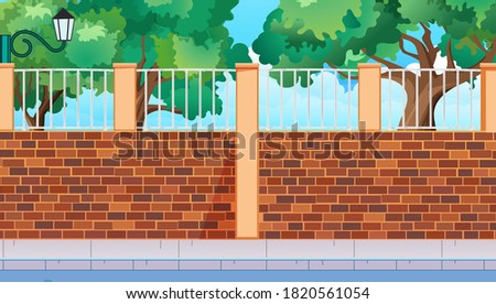 Street side scene with brick gate and garden