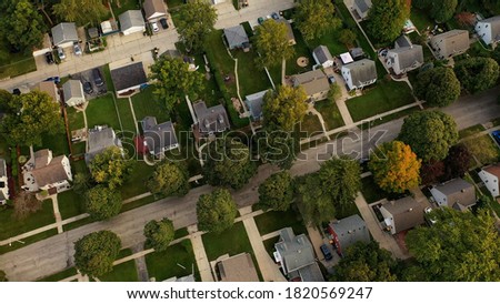 Aerial drone view of American suburban neighborhood at daytime. Establishing shot of America's  suburb. Residential single family houses pattern, trees, street