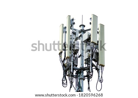 Telecommunication pole of 4G and 5G cellular. Base Station or Base Transceiver Station. Wireless Communication Antenna Transmitter. Telecommunication pole with antennas isolated on white background. Royalty-Free Stock Photo #1820596268
