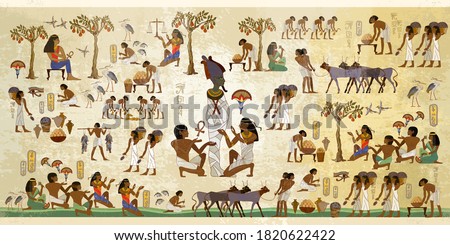 Life in ancient Egypt, frescoes. Egyptians history art. Hieroglyphic carvings on exterior walls of an old temple. Agriculture, workmanship, fishery, farm  Royalty-Free Stock Photo #1820622422