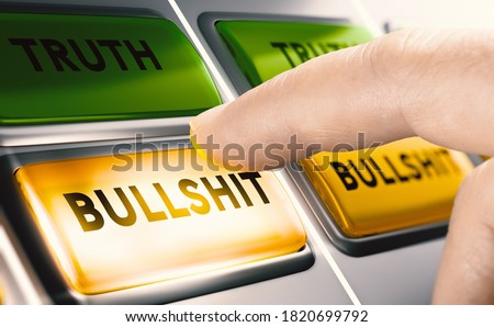 Finger pressing a yellow bullshit button to  report fake news. Disinformation or misinformation concept. Composite image between a hand photography and a 3D background.