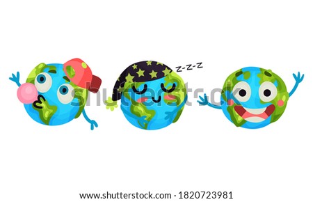 Humanized Globe Sphere Sleeping and Chewing Gum Vector Set