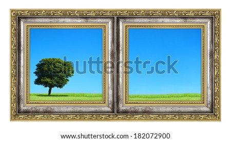 diptych with landscape isolated on white background, photo inside is my property