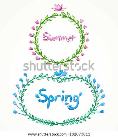 vector illustration. Set of two watercolor frames frame from leaves and flowers, with handwritten words "spring" and "summer", isolated on white background