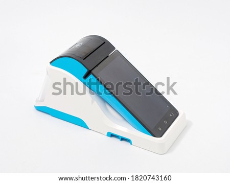 stylish portable cash register with stand GR code scanner on white background
