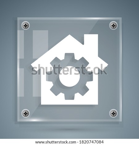 White House or home with gear icon isolated on grey background. Adjusting, service, setting, maintenance, repair, fixing. Square glass panels. Vector Illustration