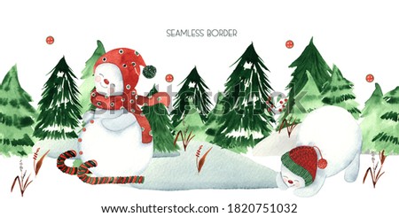 Watercolor hand painted winter seamless border with cute snowmen, Christmas tree, garland, Christmas balls, gifts.

