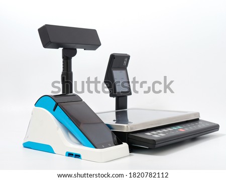 electronic scales and portable cash register with stand GR code scanner on white background