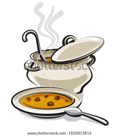 illustration of the pan and plate with a hot soup Royalty-Free Stock Photo #1820813816