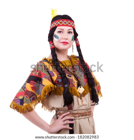 Beautiful native american woman on white background. Isolated. Studio shooting