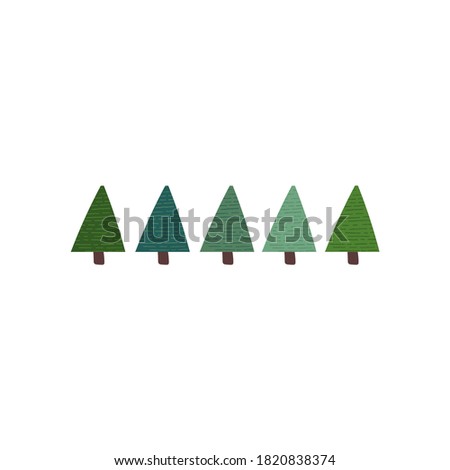 Set of Christmas trees doodle drawing. Spruce in different shades of green. Holiday elements bundle. Hand drawn flat vector illustration in cartoon style isolated on white background