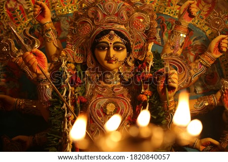 The Supreme shakti, Maa Durga is worshiped with diya lamp in utmost devotion in Hindu religion Royalty-Free Stock Photo #1820840057