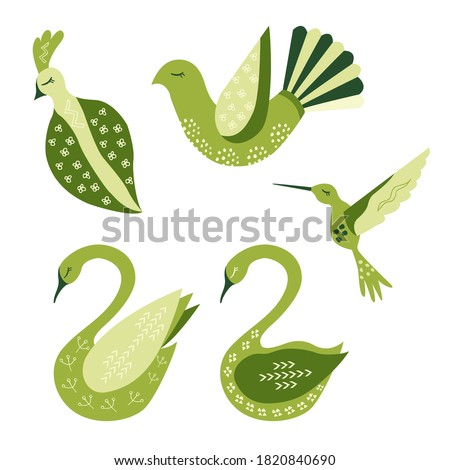 Various birds with different folk ornaments. Cute cartoon swan, hummingbird isolated, in vector. Greeting card, poster, banner illustration. Hand drawn colored set in scandinavian style. Flat design.