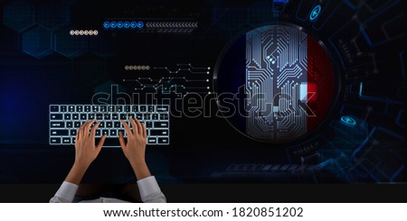 Business woman works on touch screen about France