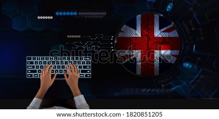 Business woman works on touch screen about Great Britain