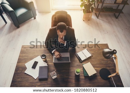 Top above high angle view of his he nice attractive classy chic skilled smart clever guy writer copywriter marketer sitting in chair writing article review creating report at workplace workstation Royalty-Free Stock Photo #1820880512