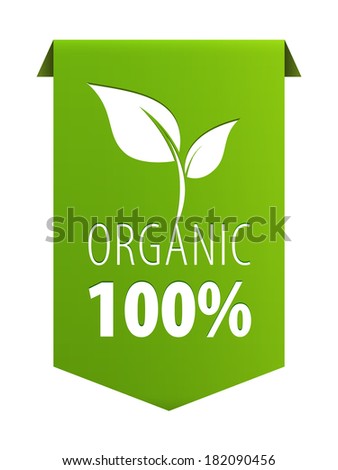 Organic 100 percent natural food green ribbon banner icon isolated on white background. Vector illustration Royalty-Free Stock Photo #182090456