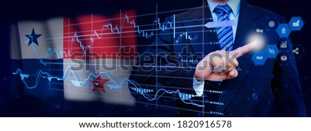 Businessman touching data analytics process system with KPI financial charts, dashboard of stock and marketing on virtual interface. With Panama flag in background.
