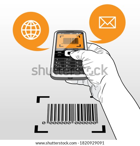 A "Handset Phone" scanning a Bar Code. Call out speech balloons indicates a website (Globe) - and email (envelope).