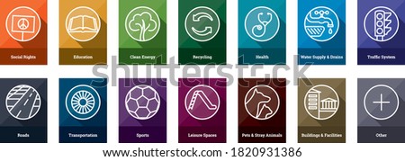 Vector editable stroke icons of pillars of social interest to municipality level Royalty-Free Stock Photo #1820931386