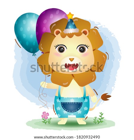 a cute lion using birthday hat and holds balloon