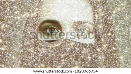 The concept of clairvoyance. A piercing look into the future against the starry sky. Paranormal abilities, clairvoyance, divination. Elements of this image are provided by NASA. Banner. Royalty-Free Stock Photo #1820966954