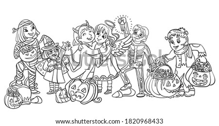 Cartoon halloween illustration. Vector coloring pages happy children in costumes of mummy, witch, skeleton with pumpkins. Coloring book pages for children, preschool education, print, game,decoration.