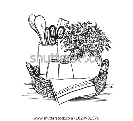 Kitchenware.  Ink sketch isolated on white background. Hand drawn vector illustration. Retro style.