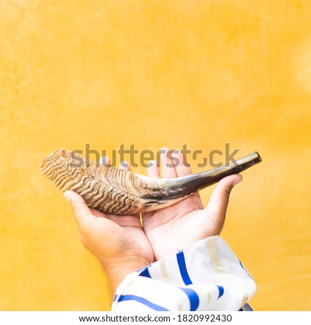 
Happy Yom Kippur.Happy new year.Jewish man in Tallit blowing the Shofar (horn) of Rosh Hashanah (New Year Jew).Religious and Holidays in israel people of GOD.Peace Pray Freedom in Israel.Banner. Royalty-Free Stock Photo #1820992430