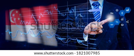 Businessman touching data analytics process system with KPI financial charts, dashboard of stock and marketing on virtual interface. With Singapore flag in background.