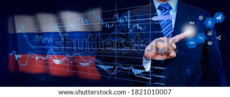 Businessman touching data analytics process system with KPI financial charts, dashboard of stock and marketing on virtual interface. With Russia flag in background.