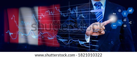 Businessman touching data analytics process system with KPI financial charts, dashboard of stock and marketing on virtual interface. With Peru flag in background.
