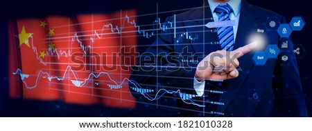 Businessman touching data analytics process system with KPI financial charts, dashboard of stock and marketing on virtual interface. With Peoples Republic of China flag in background.