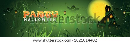 Creative Halloween  Banner or header with fullmoon and with Haunted House and Bats.