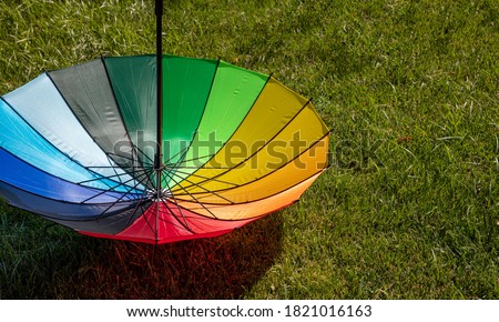 Rainbow colors umbrella upside down on the grass, sunny day, card template. Gay pride symbol against green lawn background.