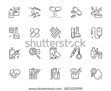 Vaccine and medicine set of vector thin line icon and related thing, vector eps10, 64x64 Pixel perfect icon, editable icon for web design and application on white isolated 
